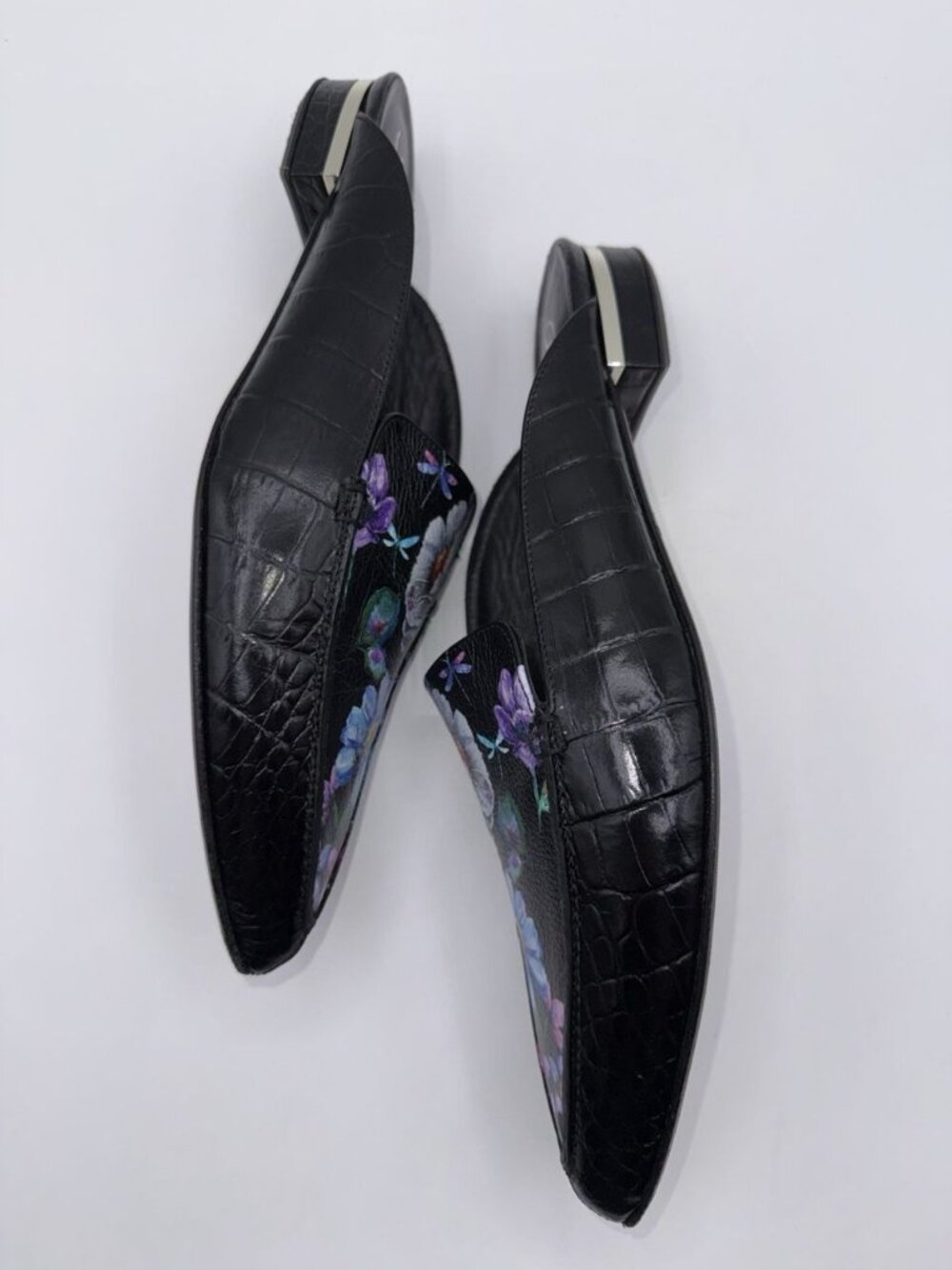Brighton Floral Everly Mules Croc Embossed Black Low Heel Sz 9 Made In Italy - Picture 8 of 16